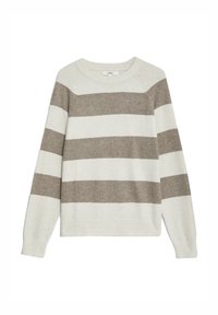 Sweter w paski w kolorach kremowym i beżowym, z długimi rękawami, wykonany z miękkiego materiału, z okrągłym dekoltem oraz ściągaczami przy rękawach i dole.