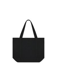 Czarna torba na ramię z dwoma solidnymi uchwytami, prostokątny kształt, teksturowany materiał i wzmocnione dno; minimalistyczny design bez dodatkowych szczegółów.