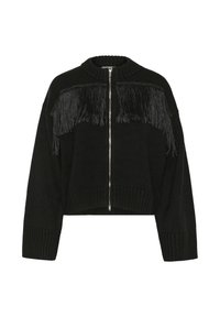 Schwarze gestrickte, cropped Jacke mit Vorderreißverschluss und Fransenverzierungen über der Brust und den Schultern, mit gerippten Bündchen und Kragen.