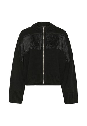 Svart stickad kort jacka med dragkedja framtill och fransdetaljer över bröst och axlar, med ribbade muddar och krage.