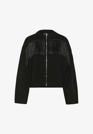 Svart stickad kort jacka med dragkedja framtill och fransdetaljer över bröst och axlar, med ribbade muddar och krage.