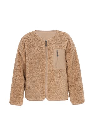 Světle hnědá fleece bunda s měkkým, texturovaným povrchem, s předním zipem a malou kapsičkou na zip na levém prsu.
