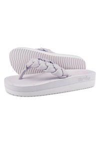 Purple rubber flip-flops with a braided strap design, textured insole, and a striped outsole for enhanced grip. Brand logo visible on side.