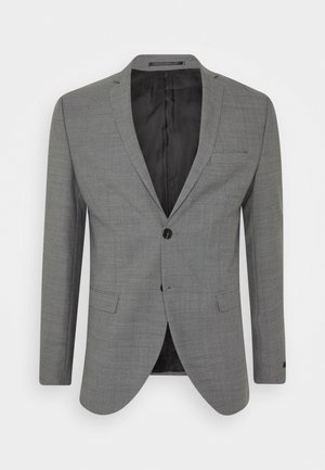 Grau Blazer aus strukturiertem Stoff, mit einem Knopfverschluss, schmalen Revers und zwei Fronttaschen, ausgestattet mit einem schwarzen Innenfutter.