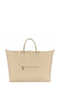 Sac fourre-tout en tissu beige avec poignées supérieures doubles, fermeture zippée en haut et poche zippée à l'avant. Texture lisse et design minimaliste.