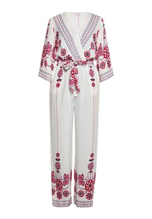 Weißer Overall mit roter und blauer Blumenstickerei, V-Ausschnitt, dreiviertellange Ärmel, taillierter Schnitt mit passendem Gürtel, weitbeinige Silhouette.