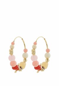 Gold hoop earrings with assorted beads in pink, red, and cream, featuring textured accents and smooth surfaces, highlighting a vibrant design.