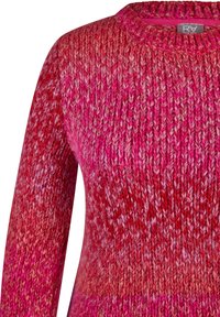 Gestrickter Pullover mit rundem Ausschnitt, der einen Farbverlauf in Rot- und Pinktönen, ein strukturiertes Muster und gerippte Abschlüsse am Kragen und Saum aufweist.