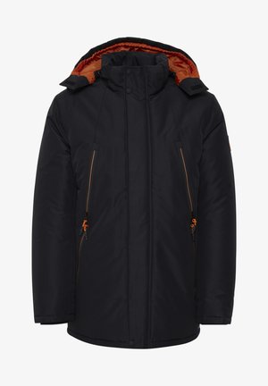 Zwarte gewatteerde jas met een oranje gevoerde capuchon, ritszakken aan de zijkant en verstelbare manchetten met zwarte hardwareaccenten.