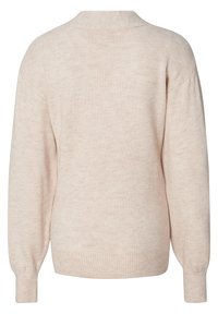 Beżowy sweter dzianinowy z długim rękawem, z prążkowanymi mankietami i dołem oraz lekko opadającymi szwami ramion, pokazany od tyłu.