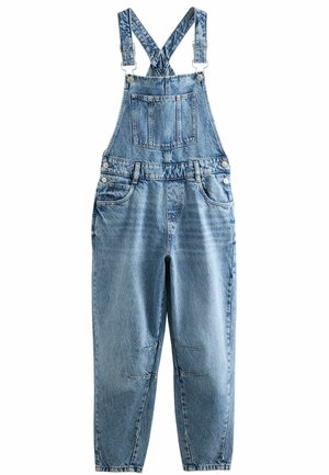 Lichtblauwe denim tuinbroek met verstelbare kruisbanden, vier zakken en een losse pasvorm. Kenmerkt zichtbare stiksels en lichte slijtage.