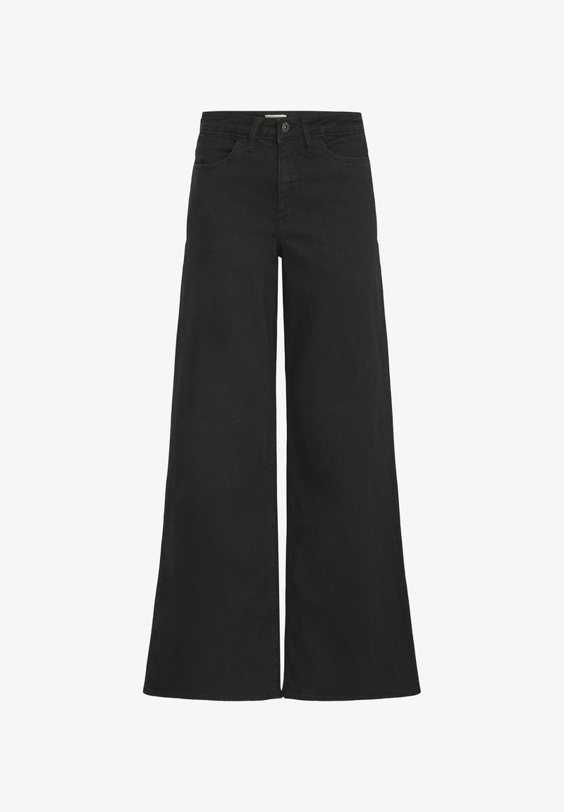 Jean noir à jambes larges en denim avec taille haute, design à cinq poches et fermeture par bouton en métal. Texture lisse avec une finition soignée.
