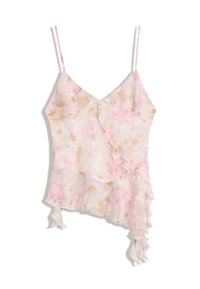 Light pink floral chiffon camisole with thin straps and asymmetrical ruffled hem and neckline detailing.