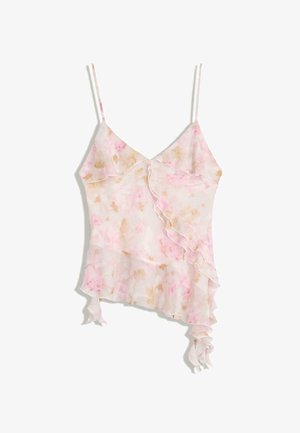Leichtes, rosa floral gemustertes Chiffon-Camisole mit dünnen Trägern und asymmetrischem, gerüschtem Saum sowie Dekoration am Ausschnitt.