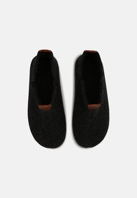 Black felt slippers with a smooth texture, rounded shape, and leather accents at the opening. Simple, minimalist design, no patterns.