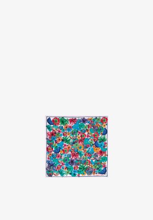 Lebendige Seidenschal mit einem dichten Blumenmuster in Blau-, Pink- und Grüntönen, mit einem weißen Rand und dem Markenlogo am unteren Ende.