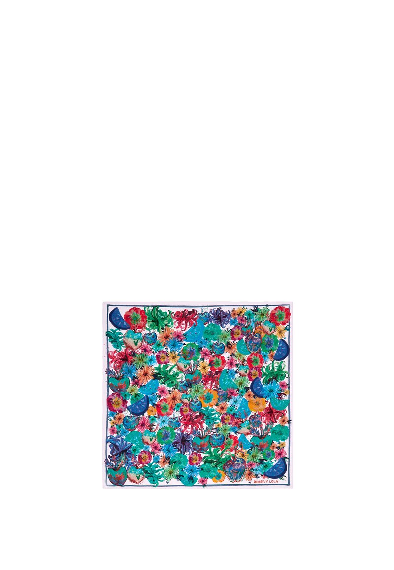 Elav silksall, millel on tihe lillemuster sinistes, roosa ja roheline toonides, valge serv ja brändi logo allosas.