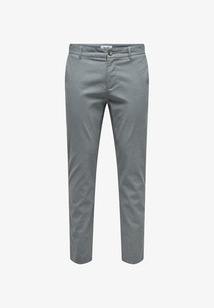 Pantalons gris ajustés avec un motif texturé, coupe slim et une fermeture à bouton simple à la taille. Comprend des poches latérales et arrière.