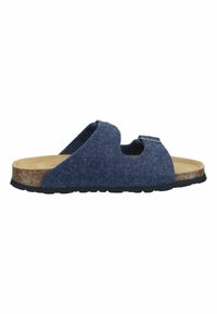 Blue felt sandal with two adjustable straps, cork footbed, and textured black rubber sole. Features open toe and side cutouts for breathability.