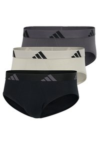 Drei Paar Herren-Unterhosen in Schwarz, Grau und Beige. Sie bestehen aus atmungsaktivem Stoff und haben elastische Taillenbänder mit schwarzen Adidas-Logo-Akzenten.