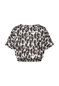 Kraťasové tričko s leopardím vzorom z ľahkého materiálu. Krátke rukávy, okrúhly výstrih, elastický lem, v kombinácii čiernej, hnedej a krémovej farby.