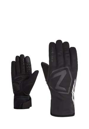 Black gloves with a textured palm for grip, featuring a hexagonal logo and contrasting white accents. Includes adjustable wrist strap.