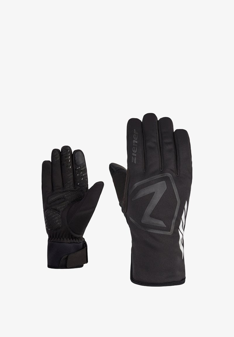 Black gloves with a textured palm for grip, featuring a hexagonal logo and contrasting white accents. Includes adjustable wrist strap.