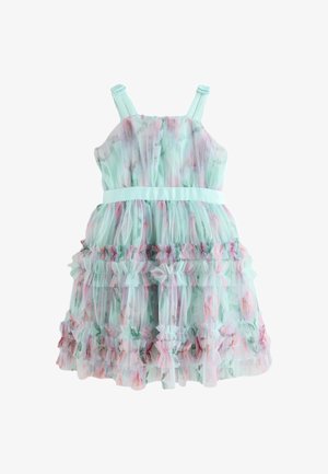 Vestido sin mangas en tonos pastel con tul en capas, estampado floral y cintura ajustada, diseñado para un niño.