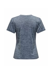 Szara koszulka z krótkim rękawem o melanżowej fakturze i klasycznym, prostym okrągłym dekolcie. Gładki materiał z luźnym krojem.