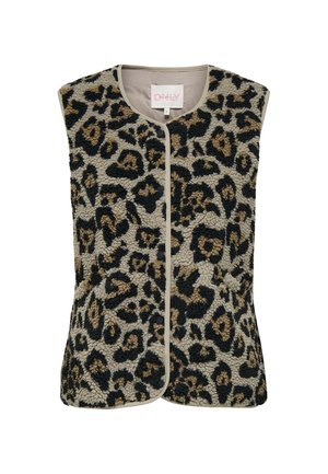 Gilet à imprimé léopard en matériau texturé et pelucheux avec une base beige et des accents marron foncé et noirs, bordé d'une couleur unie.