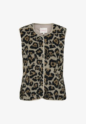 Gilet à imprimé léopard en matériau texturé et pelucheux avec une base beige et des accents marron foncé et noirs, bordé d'une couleur unie.