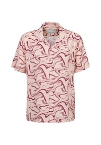 Kurzärmeliges Button-Up-Hemd in Hellrosa mit maroonfarbenem abstrakten Wirbelmuster, ausgestattet mit einem entspannten Kragen und aus weichem Baumwollstoff.