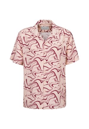 Kurzärmeliges Button-Up-Hemd in Hellrosa mit maroonfarbenem abstrakten Wirbelmuster, ausgestattet mit einem entspannten Kragen und aus weichem Baumwollstoff.