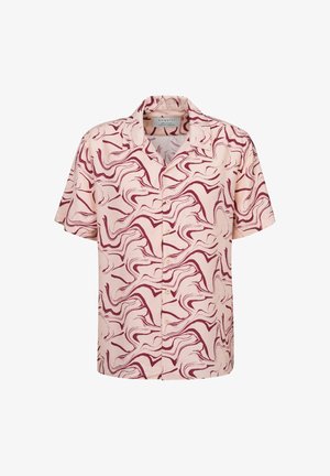 Short-sleeve button-up shirt in light pink with maroon abstract swirl pattern, featuring a relaxed collar and soft cotton fabric.
