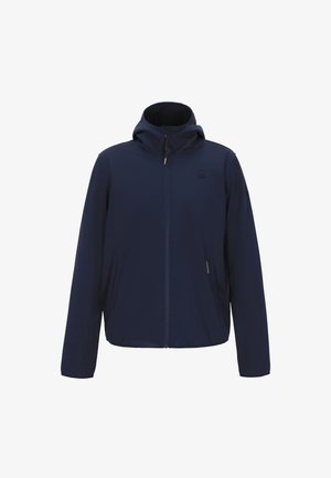 Marineblauwe jas met capuchon, voorrits, twee zijzakken en een subtiel logo op de borst, gemaakt van flexibel materiaal.