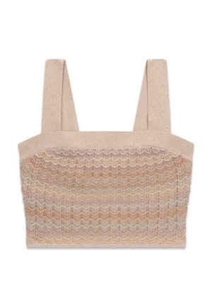 Beige gebreid cropped top met brede schouderbanden en een getextureerd zigzagpatroon in neutrale tinten.