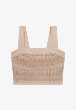 Beiges gestricktes kurzes Oberteil mit breiten Schulterriemen und einem strukturierten Zickzackmuster in neutralen Farbtönen.