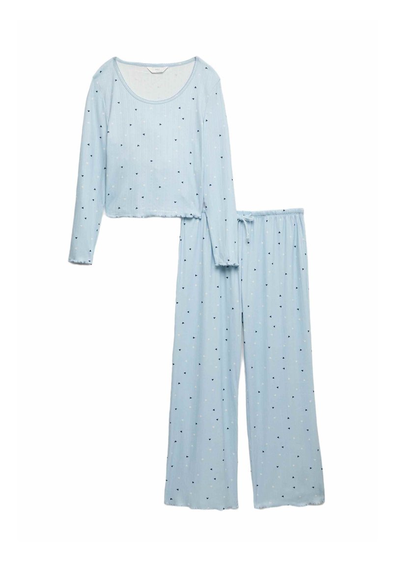 Světlomodrý set domácího oblečení s dlouhým rukávem a kalhotami s širokými nohavicemi, vyrobený z texturované látky a s rozptýleným vzorem malých černobílých tvarů.