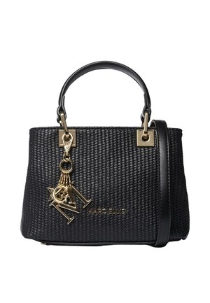 Sac à main tissé noir avec ferrures dorées, poignée supérieure, bandoulière amovible et breloques lettres dorées formant le mot "MARC ELLIS" à l'avant.