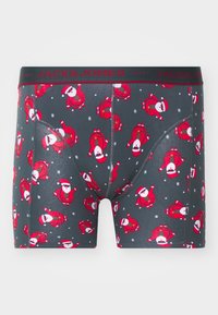 Männer Boxershorts in Dunkelgrau mit wiederholten roten Weihnachtsmann-Mustern und weißen Schneeflocken. Schwarzer Bund mit "JACK & JONES"-Logo.