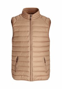 Beżowa, lekka kamizelka puchowa z wysokim kołnierzem, z zapięciem na zamek z przodu oraz kieszeniami bocznymi. Charakteryzuje się poziomym, pikowanym wzorem oraz gładką teksturą.