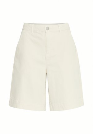 Beige bomuldsshorts med lige snit, for- og baglommer samt knaplukning i taljen. Glat tekstur, afslappet design.