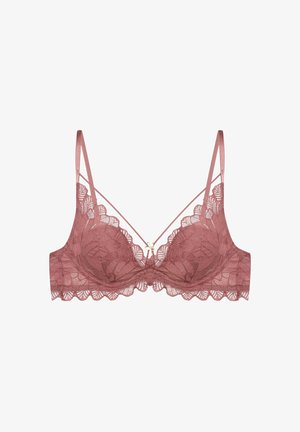 Spitzen-Bralette in verstaubtem Rosa mit gewellten Kanten, dünnenTrägern und einem dekorativen Frontakzent. Transparent mit floralen Mustern.