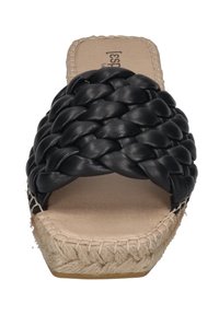 Black braided leather slide sandal with a beige cushioned footbed and jute rope platform. The sole features a textured finish.