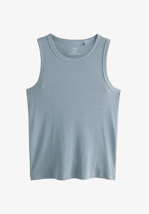 Világoskék bordázott trikó, lekerekített nyakkivágással és széles vállpántokkal, puha, sima tapintású anyagból készült.