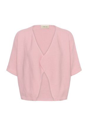 Cardigan à manches courtes rose clair à ouverture avant, avec une texture côtelée et une petite étiquette indiquant "CREAM" au niveau de l'encolure.
