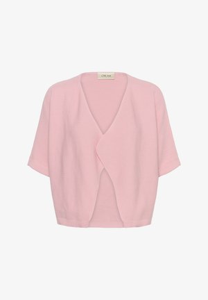 Šviesiai rožinis trumpomis rankovėmis atviras kardiganas su ribotu raštu ir mažu „CREAM“ etiketės užrašu prie kaklo.