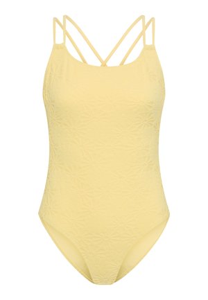 Keltainen yksiosainen uimapuku, jossa on teksturoitu kukkakuvio ja ohuet ristiin menevät olkaimet. Sileä kangas ja istuva siluetti.