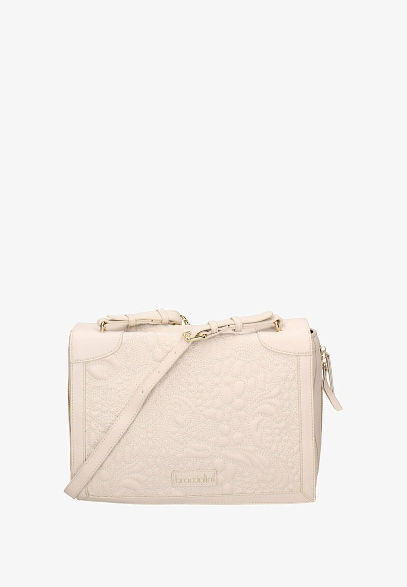 Borsa a tracolla sintetica beige con texture floreale a rilievo, accessori in oro, tracolla rimovibile e tasca laterale con zip. Forma rettangolare.