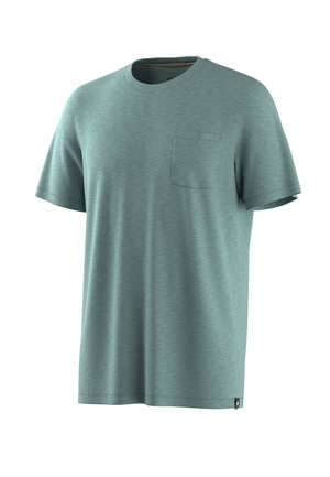 T-shirt turchese a maniche corte con scollo rotondo e taschino sul petto sinistro, mostrata su sfondo bianco.